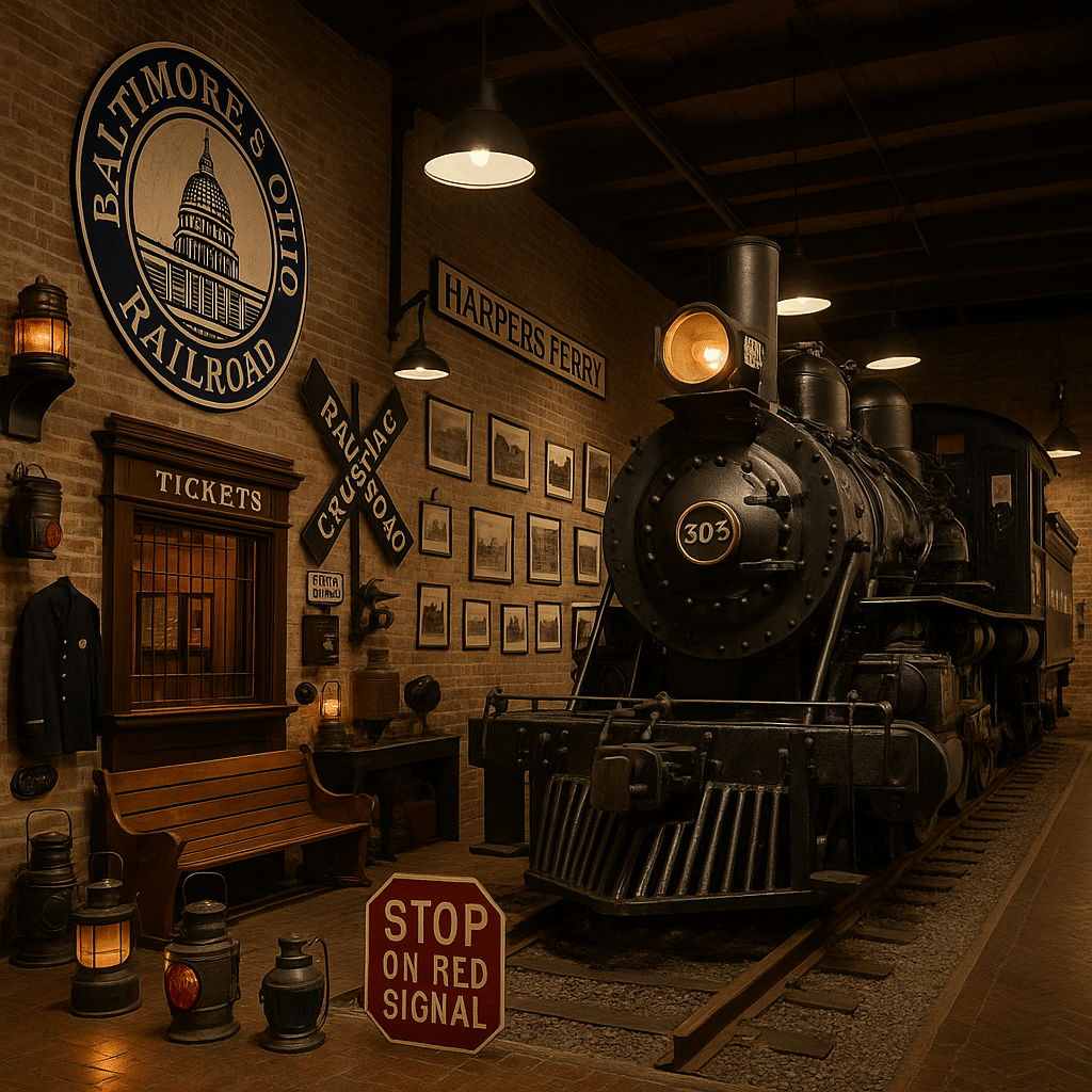 The interior of a railroad museum featuring a restored Baltimore & Ohio steam locomotive, vintage ticket booth, lanterns, historic signage, and framed photographs on brick walls.
