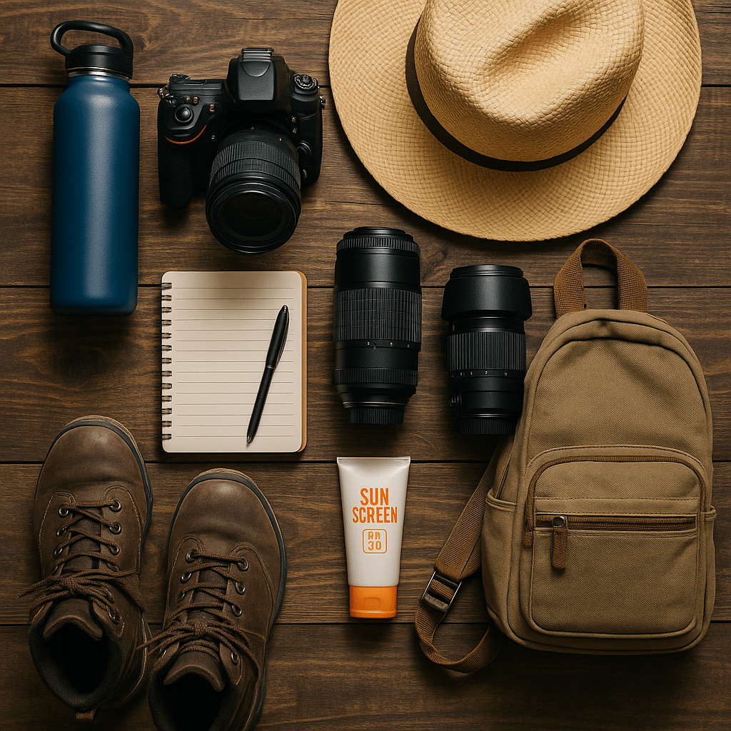 A flat lay of travel essentials for visiting Grafton Ghost Town, including a DSLR camera with lenses, hiking boots, water bottle, sun hat, backpack, sunscreen, and a notebook with pen arranged on a rustic wooden surface.