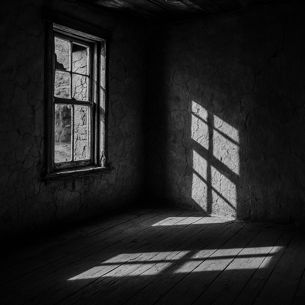 Black-and-white photo of an abandoned adobe room in Grafton Ghost Town, where sunlight streams through a cracked wooden window, casting dramatic shadow patterns on the textured wall and floor.