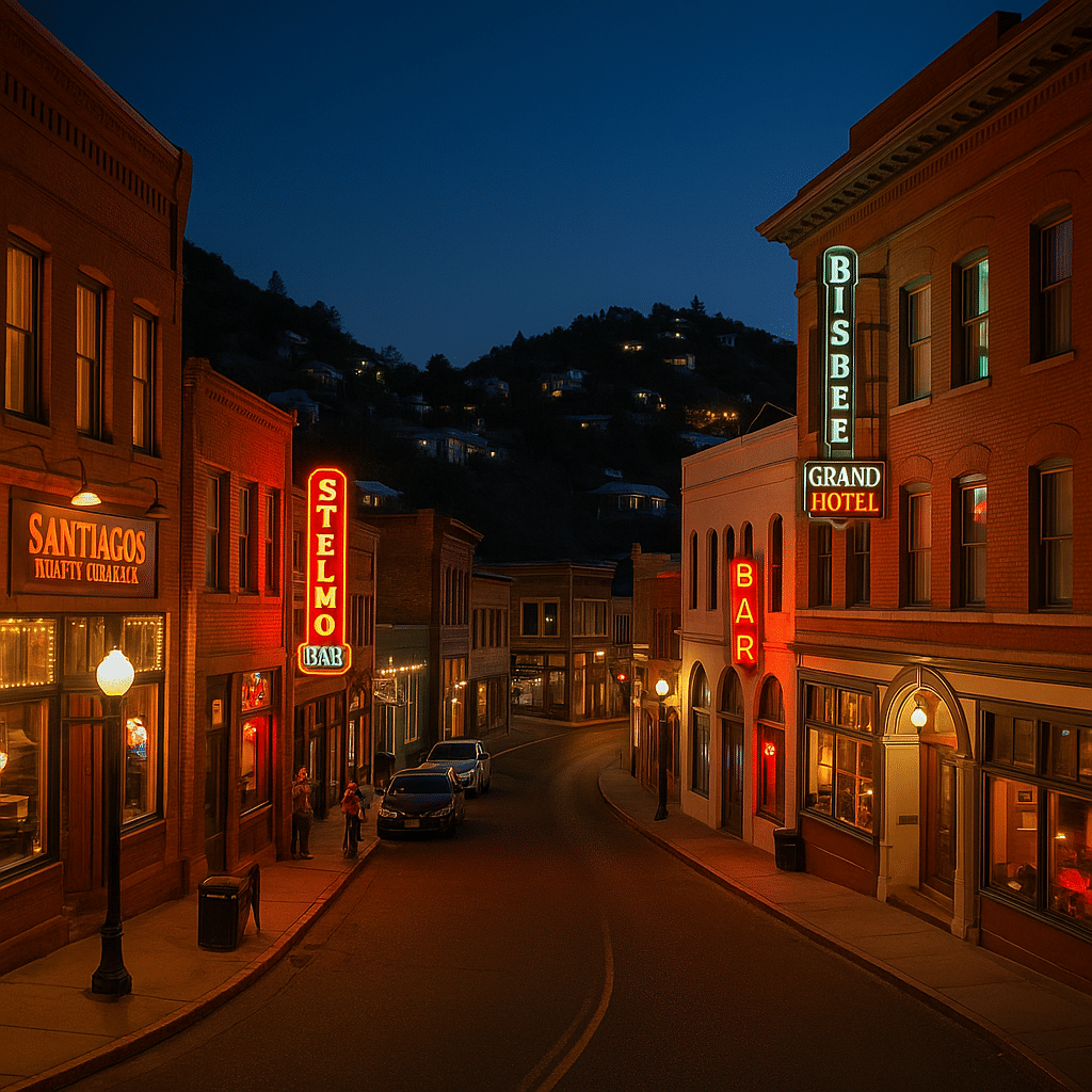Brewery Gulch in Bisbee, Arizona, at twilight with neon-lit bars, restaurants, and historic brick buildings glowing under a deep blue sky.