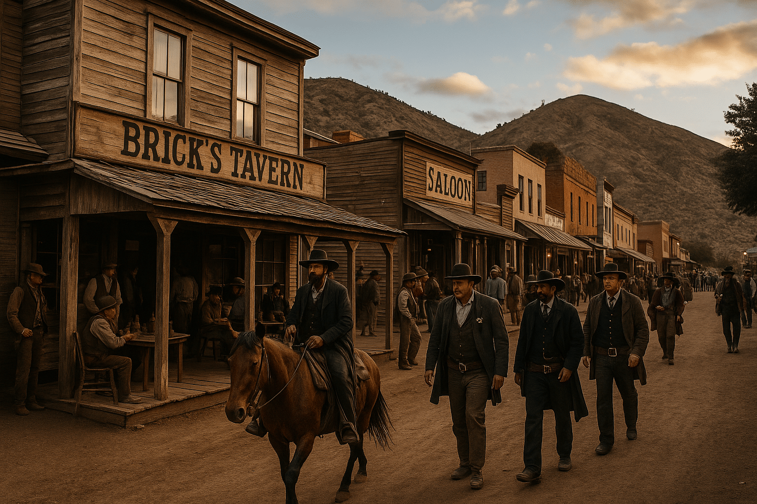 A historic Wild West street scene with wooden saloons, cowboys in hats, and a rider on horseback as miners and townsfolk fill the dusty road in front of rustic buildings.