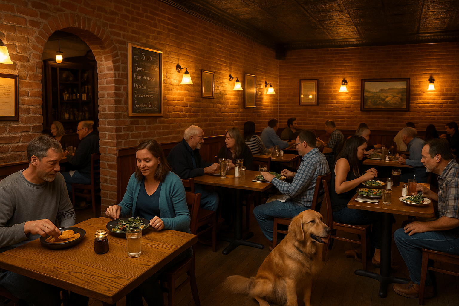 A cozy restaurant inside a historic brick building in Brewery Gulch, Bisbee, with warm lighting, rustic wooden tables, and people enjoying dinner in a lively yet intimate atmosphere.