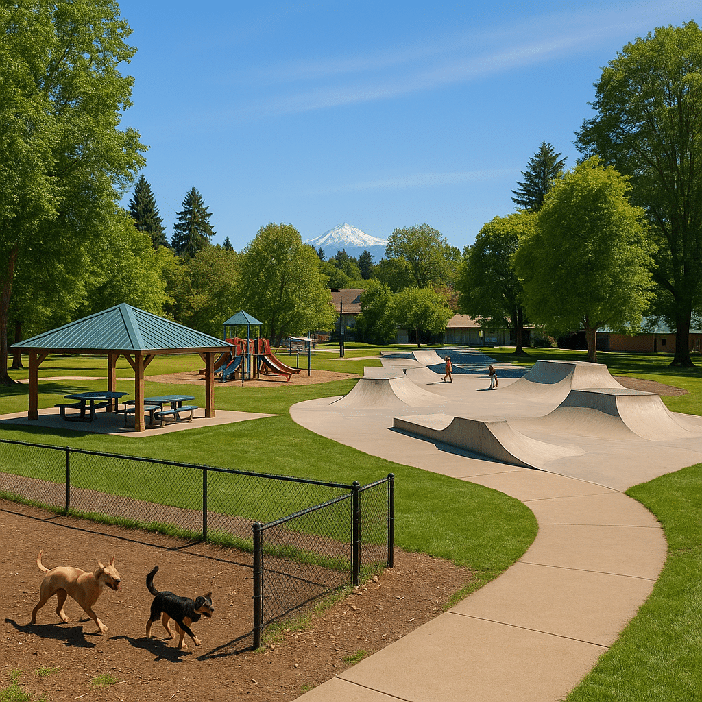 A lively community park in Silverton, Oregon, with a skatepark, fenced dog park, playground, and picnic shelter, surrounded by green trees and distant views of Mount Hood under a clear blue sky.