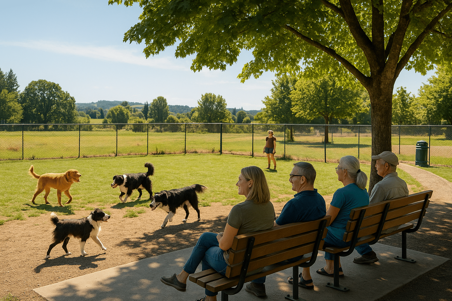 A sunny day at a community dog park in Silverton, Oregon, with several dogs playing while people relax on benches under the shade of a tree, surrounded by green fields and trees.