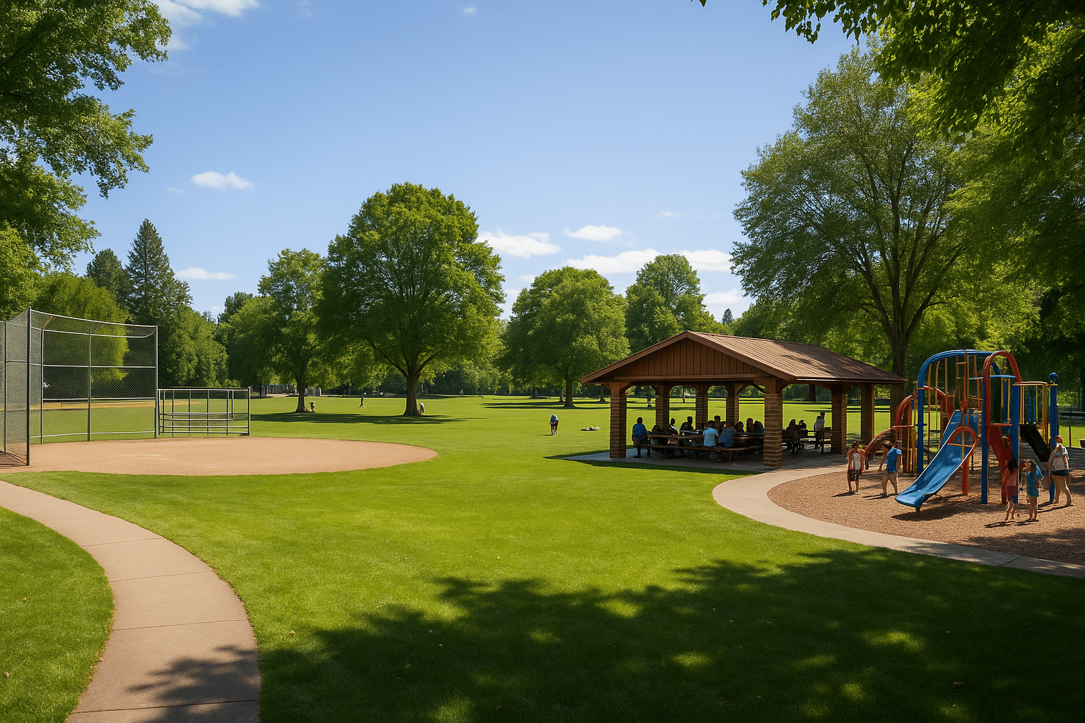 Memorial Park in Silverton, Oregon, with families gathered under a picnic shelter, children playing on a colorful playground, and open grassy fields with baseball diamonds and walking paths surrounded by tall trees on a sunny day.