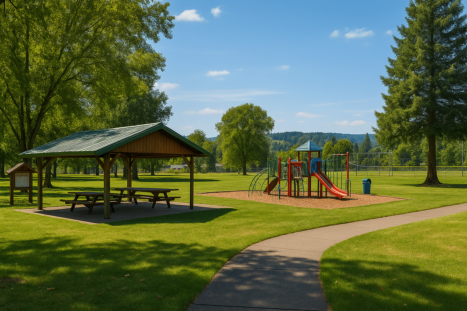 Old Mill Park in Silverton, Oregon, with a picnic shelter, playground, sports fields, and walking paths surrounded by tall green trees on a sunny day.