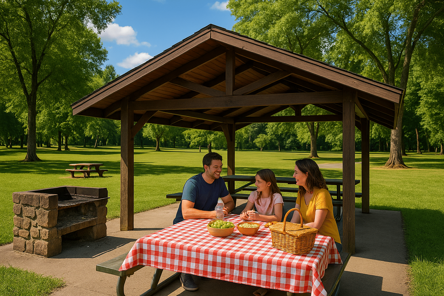 A family of three enjoys a picnic at a shaded table in Silverton, Oregon, with a red checkered cloth, snacks, and a basket, beside a stone BBQ grill in a sunny park surrounded by green trees.