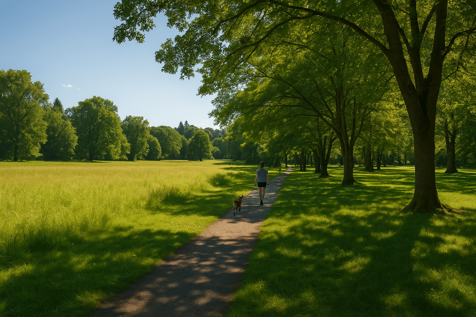 A woman walks her dog along a shaded walking trail in Silverton, Oregon, with open grassy fields, tall trees, and rolling hills in the background on a sunny day.
