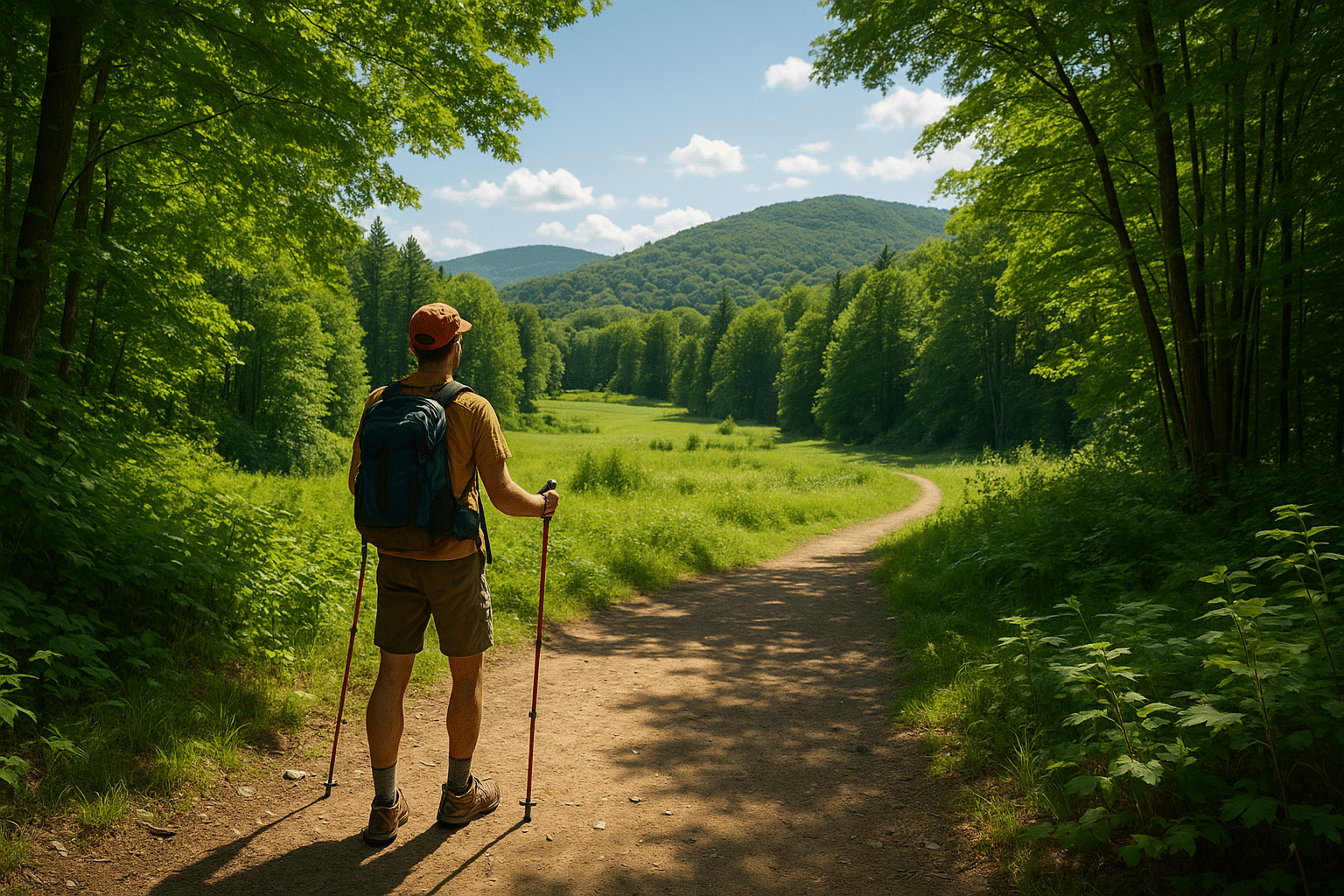 A hiker stands at the start of a dirt trail surrounded by lush green forest and meadows, overlooking the rolling Green Mountains in Vermont on a bright summer day.