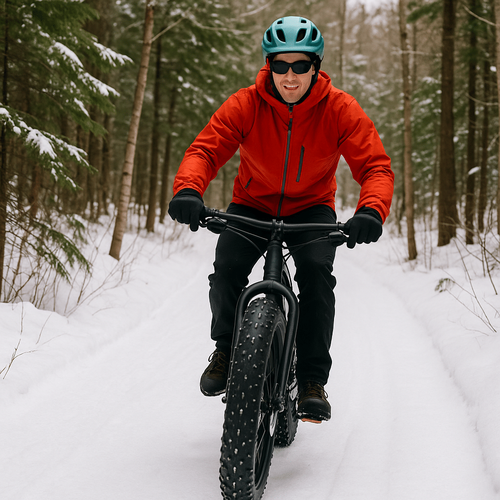 A man rides a fat bike with oversized tires through a snowy forest trail, wearing a red jacket, teal helmet, and sunglasses.