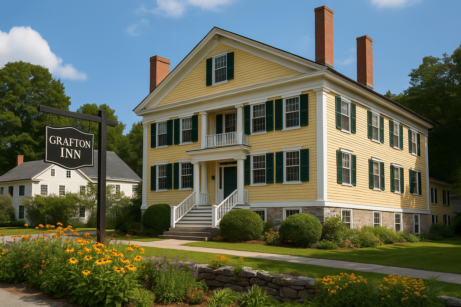 The historic Grafton Inn in Vermont, a yellow Federal-style building with white trim, green shutters, and a welcoming front porch surrounded by colorful gardens and greenery.