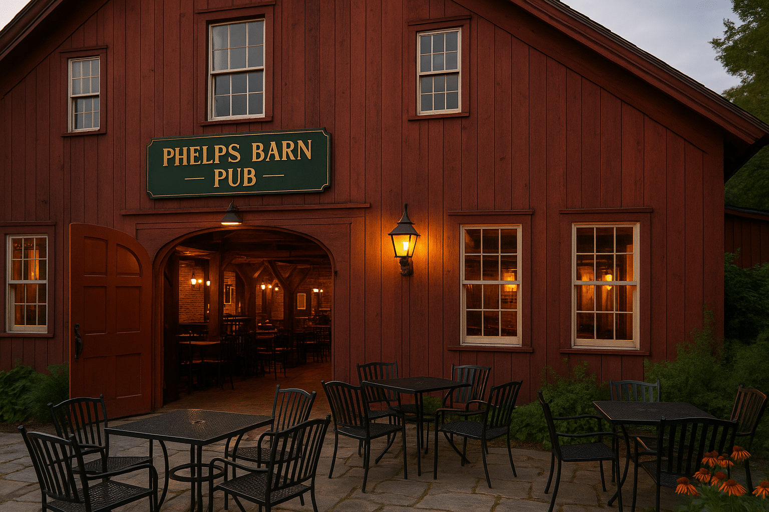The rustic red exterior of Phelps Barn Pub in Vermont, warmly lit with glowing lanterns and open doors leading to its cozy interior, with outdoor seating on a stone patio.