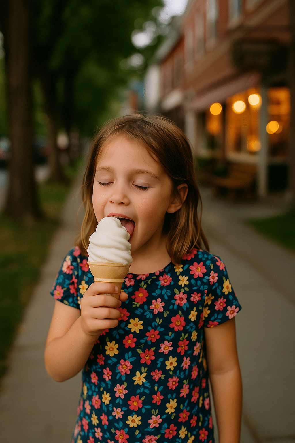 A young girl enjoys a soft-serve ice cream cone on a charming small-town street in Vermont, with warm golden lights glowing from storefronts in the background.