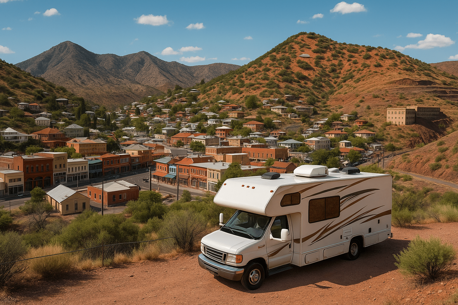 A white RV parked on a hillside overlooking the colorful historic town of Bisbee, Arizona, surrounded by the Mule Mountains under a bright blue desert sky.