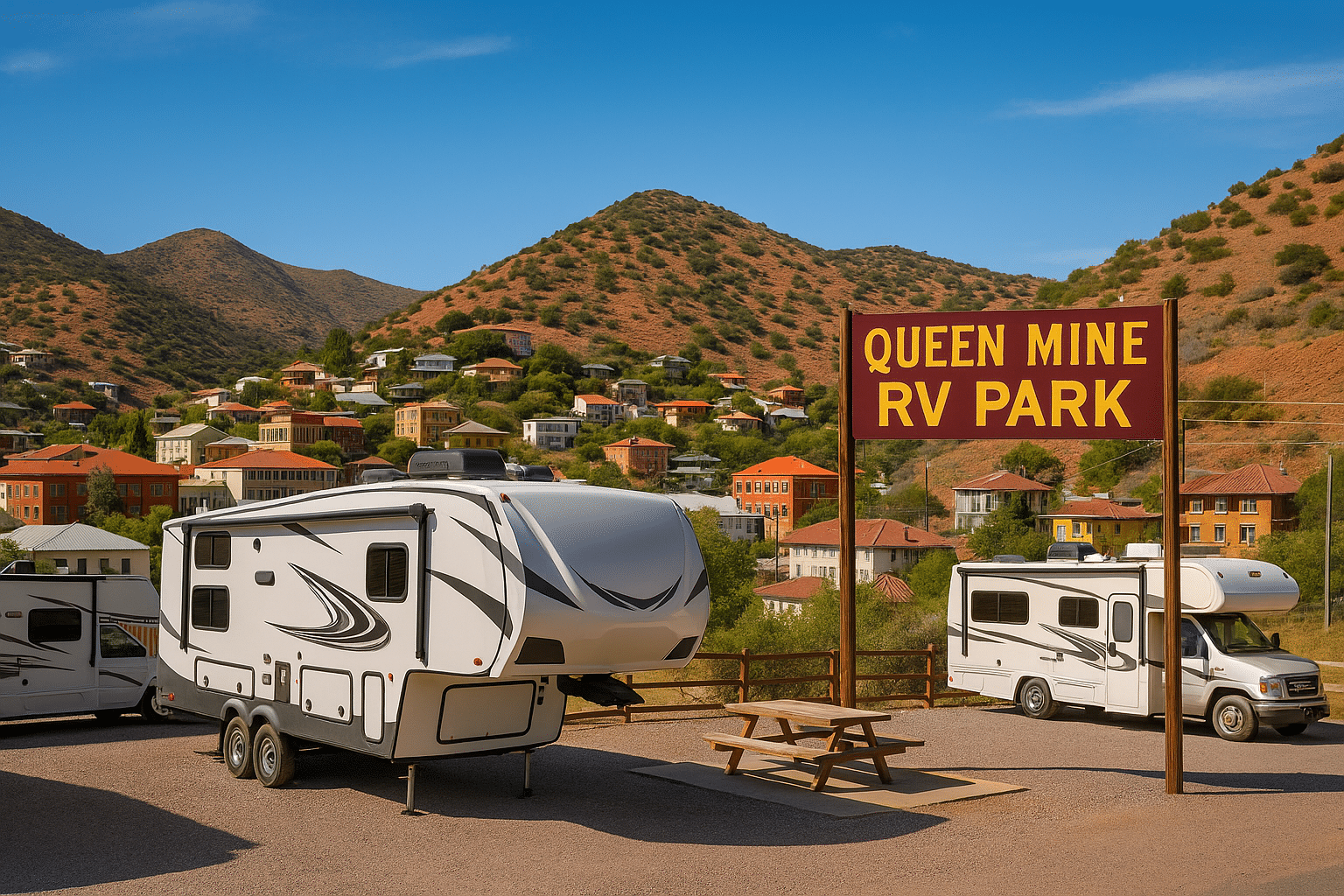 RVs parked at Queen Mine RV Park in Bisbee, Arizona, overlooking colorful hillside houses and the Mule Mountains under a clear blue sky.
