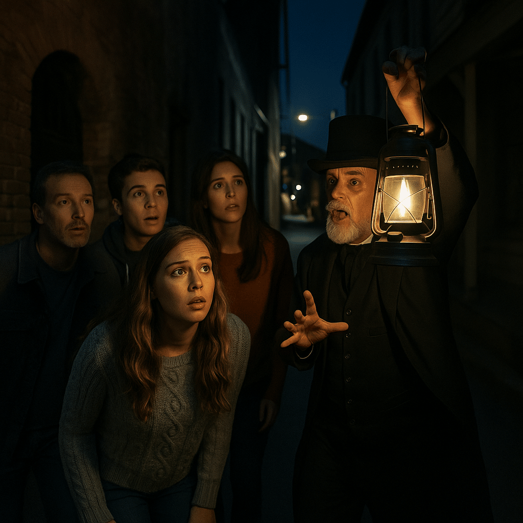 A ghost tour in Bisbee, Arizona, with a guide holding a lantern leading a small group through a dark historic alley, creating an eerie and mysterious atmosphere.